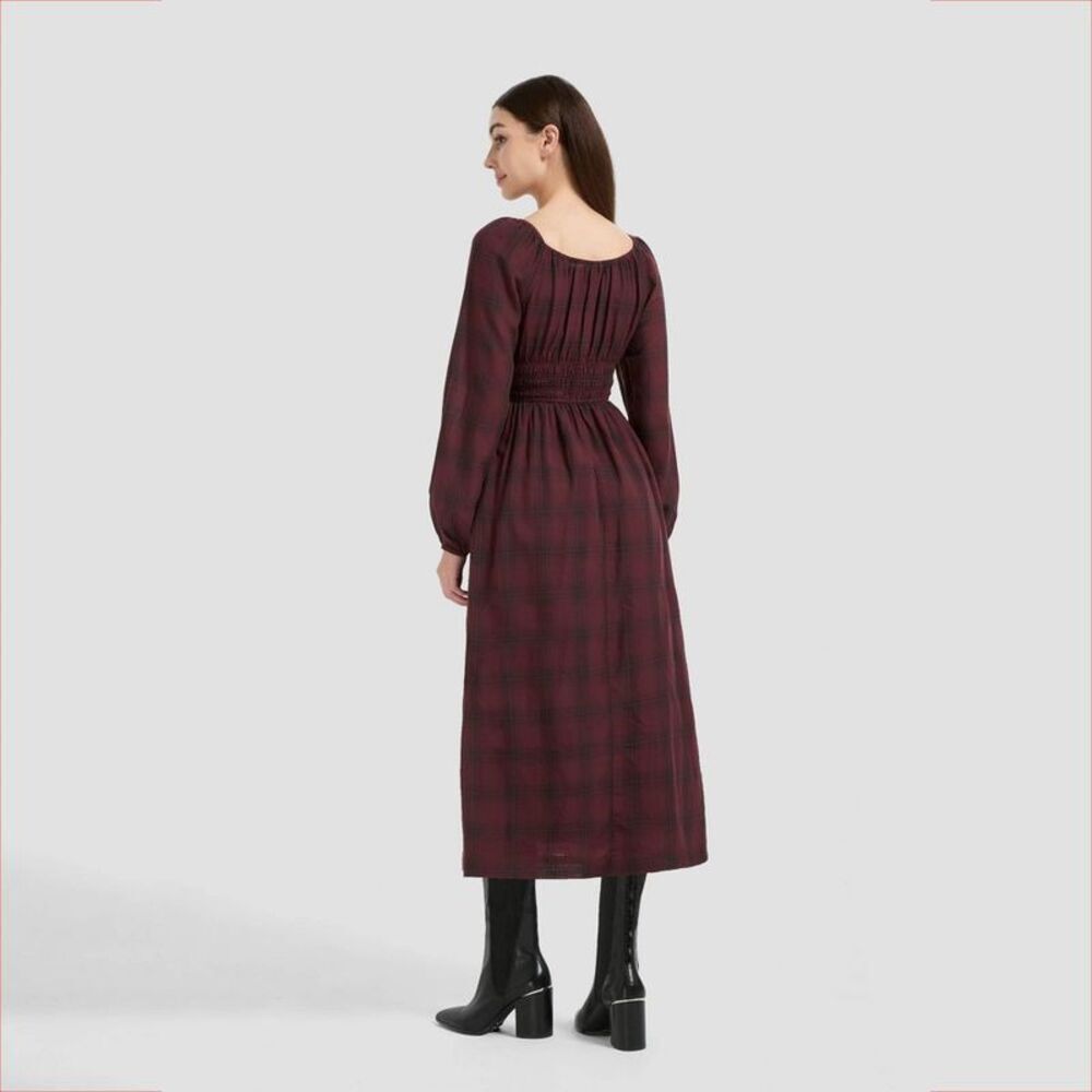 Women's Long Sleeve Midi A-Line Dress - Universal Thread Rosewood Brown Plaid XS - Picture 2 of 4